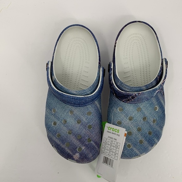 CROCS Classic Clog blue denim jean print back strap shoe slide mule new women 8 - Picture 2 of 5